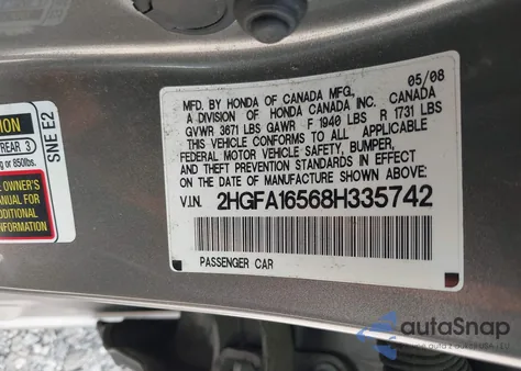 2008 Honda Civic Lx z USA, uszkodzony, nr VIN 2HGFA16568H335742